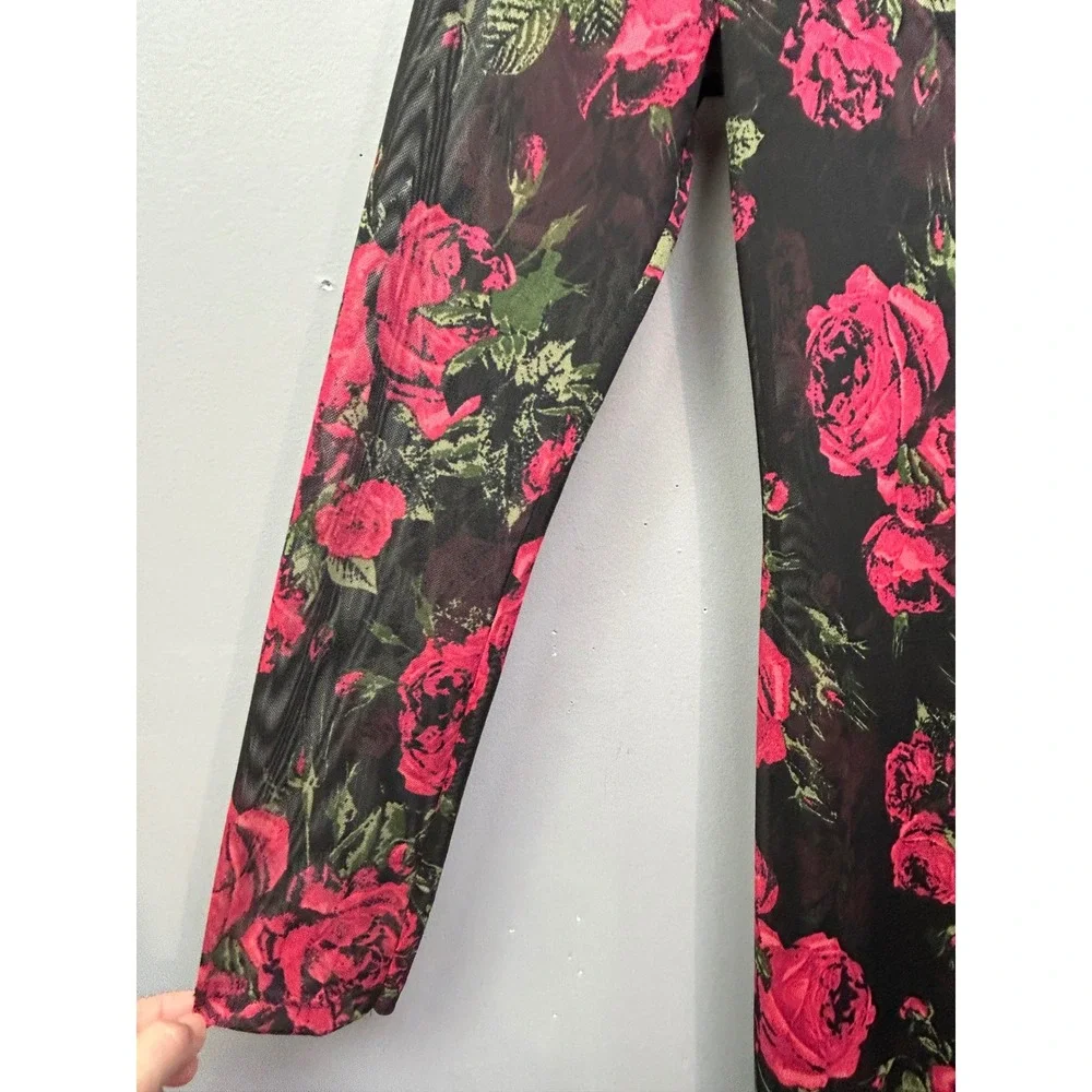 Audrey Lane Dress Womens Medium Black Red Rose Floral Sheer Mesh VNeck Maxi Long